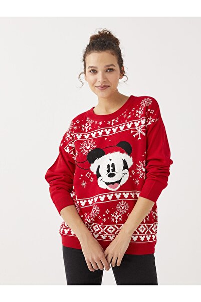 LC Waikiki Bisiklet Yaka Mickey Mouse Baskılı Uzun Kollu Kadın Triko Kazak