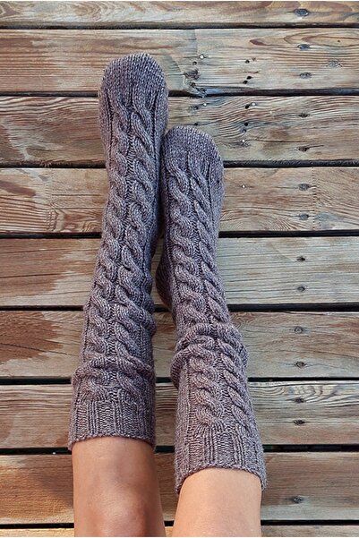 NevRa Örgüleri El Örgüsü Uzun Örgü Kalın Yün Çorap Sütlü Kahve Melanj