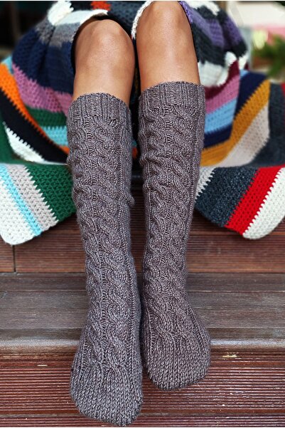 NevRa Örgüleri El Örgüsü Uzun Örgü Kalın Yün Çorap Sütlü Kahve Melanj