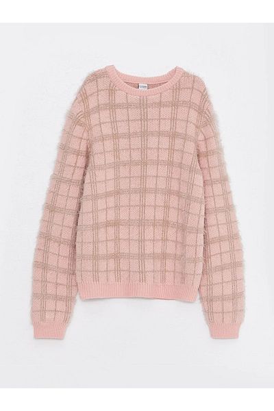 LC Waikiki Plaid Patterned Long Sleeve Crew Neck Girl's Knitwear Sweater