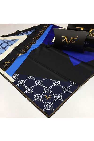 19V69 ITALIA Navy Blue Twill Scarf Black Series 90x90 Cm With Scarf Hanger And Gift Set