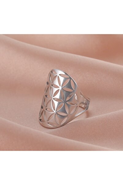 Simurg Aksesuar خاتم زهرة الحياة الفضي من الفولاذ المقاوم للصدأ قابل للتعديل