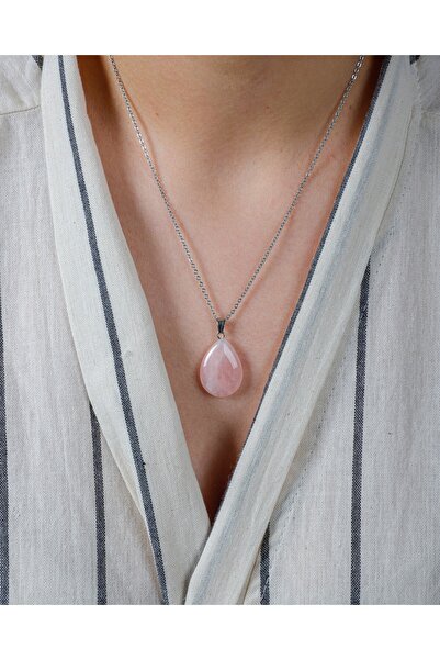 İLTERUS Doğaltaş Pembe Kuvars Damla Kolye Ucu (zincir Hediyeli)