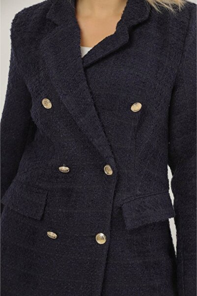 MY BELLA BUTİK Золота кнопка Детальний твітовий довгий піджак