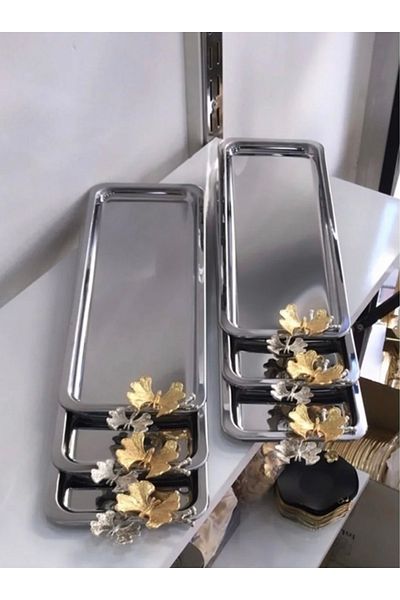 Elzem Stainless Steel 6 Piece Rectangular Baton Coffee Tray with Butterfly Luxury Presentation
