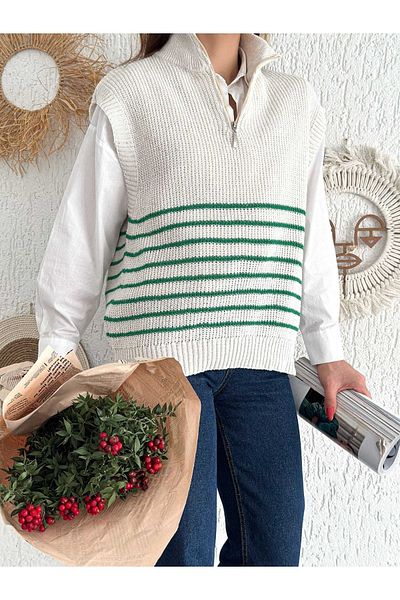 Noa Noa Women's Half-Zip Detailed Striped Sweater