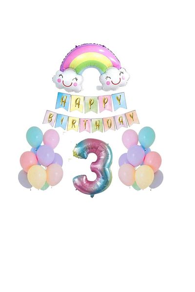 RÖNESANS PARTİ 3 Year Old Smiling Rainbow Figure Foil Balloon Set