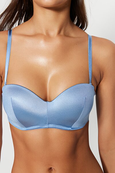 Trendyol Collection Pletená podprsenka bez ramínek s odnímatelným ramínkem vyplněným modrým polyamidem THMSS23SU00001