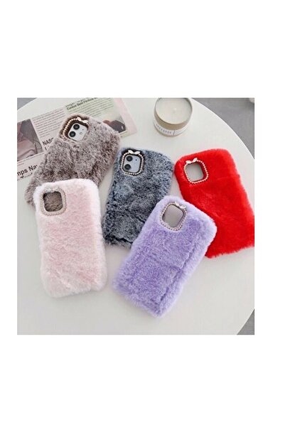 TahTicMer Apple Iphone 14 Pro Max Kılıf Peluş Tüylü  Taşlı Pofuduk Silikon Tpu Kapak