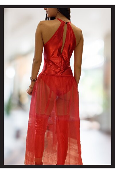 TİESSİ Costum de damă din piele roșie Harness Fancy Sexsi Cămașă de noapte