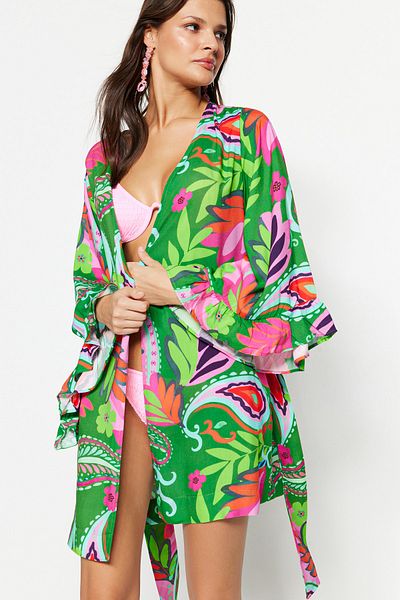 Trendyol Collection Paisley Patterned Belted Mini Woven Flounce Kimono & Kaftan TBESS21KM0002