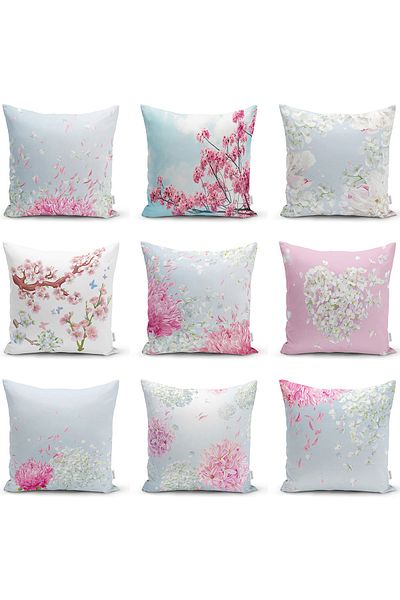 Realhomes Husă de pernă cu fundal albastru, fucsia, alb, cu flori de hortensie