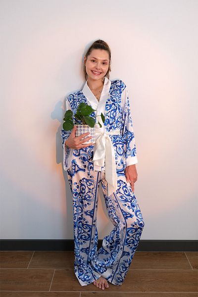 Mita Concept Blue Patterned Satin Kimono Trousers Set