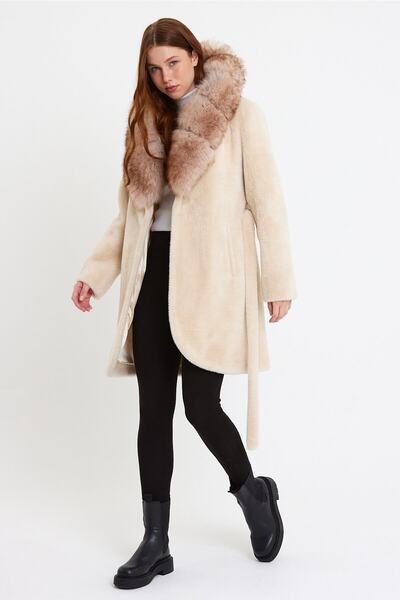 nero leather fur Bej Alkantara Kumaş Kadın Kaban Kapüşon Kürklü, (regular Fıt...