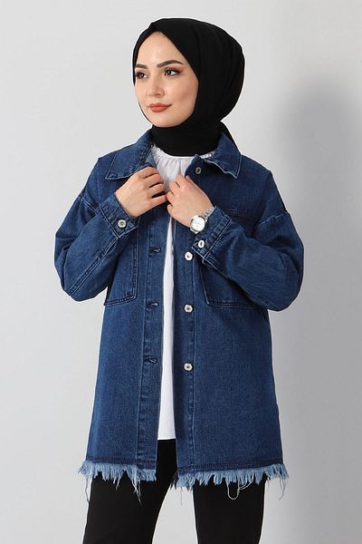 Modamihram Tassel Detailed Denim Jacket Dark Denim 6011