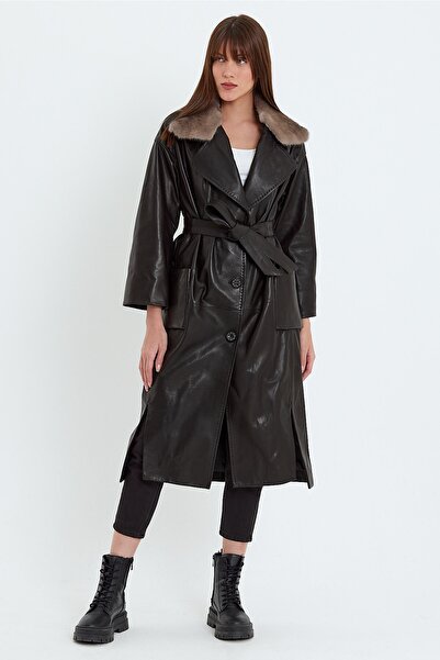 nero leather fur Kadın Kaban Yaka Çıkma Kürk