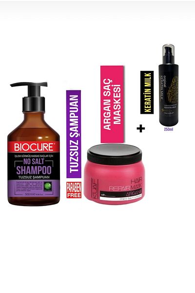 Biocure 500ml Argan Hair Mask and Keratin Milk Gift - Salt-Free and Purifying Hair Care Shampoo