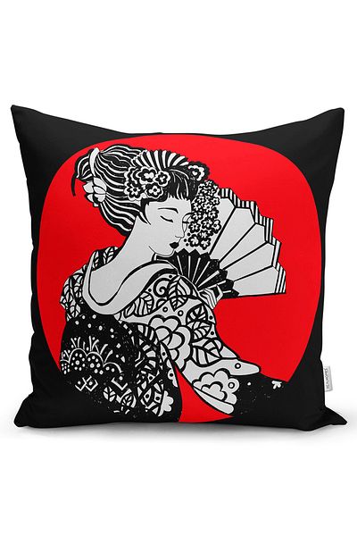 Realhomes Double Sided Black and Red Gray Japanese Girl Motif Raschel Knitted Pillow Case on the Floor