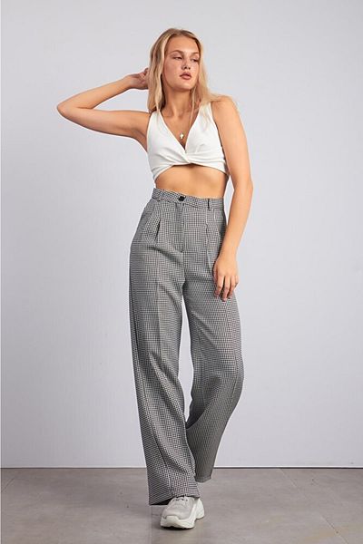Ortaya Çık Black and White Houndstooth Fabric Palazzo Trousers