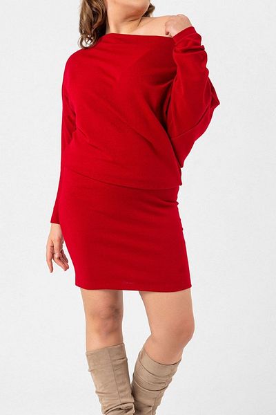 Laranor Red Large Size Bat Sleeve Boat Neck Knitwear Dress Length and Collar Opening Adjustable