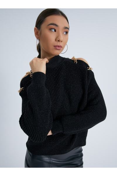 Moda Days Tricotaje tricotate cu sclipici negre - Pulover de damă cu lanț de umeri