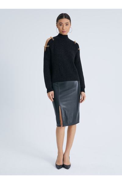 Moda Days Tricotaje tricotate cu sclipici negre - Pulover de damă cu lanț de umeri