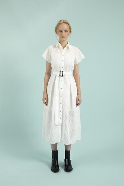 By Mare Style Jennifer-Waisted Midi Length White Cotton Embroidered Dress