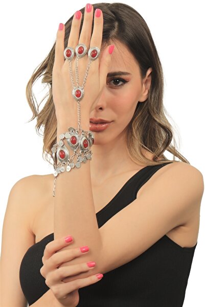 LABALABA Kadın Antik Gümüş Kaplama Kırmızı Boncuklu Ayarlanabilir 3 Yüzük Detaylı El Şahmeranı