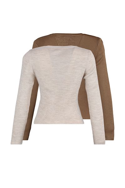 Trendyol Collection Двоен плетен пуловер с V-образно деколте и кафяв цвят на камък