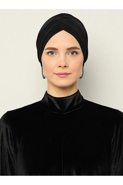 Naciye Sultan Crossed Three-Striped Sea Bonnet Ready-made Hijab Hijab Bonnet Black