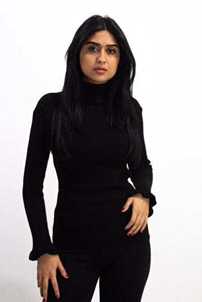 sermoda سترة نسائية محبوكة برقبة سلحفاة كاملة ومعصم مكشكشة، باللون الأسود البادي