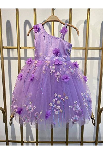 shopland Lila Çiçekli Tek Omuz Kız Çocuk Prenses Elbise