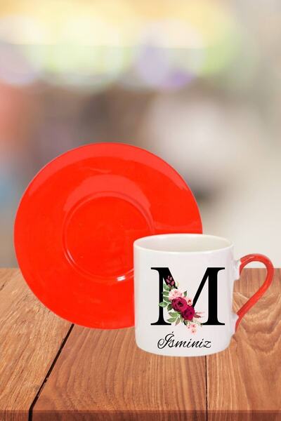 Florence Event Kişiye Özel Isim Yazılı M Harfi Kırmızı Türk Kahvesi Fincanı