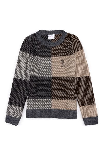U.S. Polo Assn. Crew Neck Patterned Gray Melange Boy's Sweater Olaha-Kids