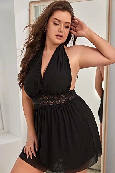 HayalGecesi Siyah Büyük Beden Sırtı Açık Bel Dekolte Gecelik