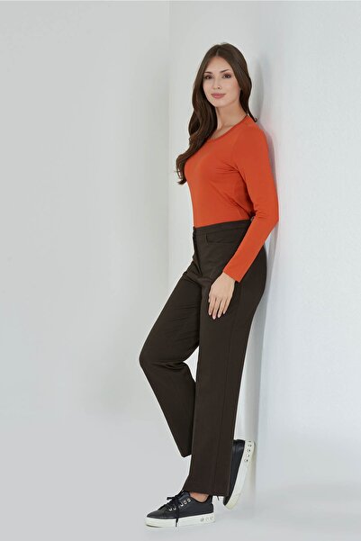 TOLGA SARAÇOĞLU 30082 Brown Hidden Rubber Tube Leg Gabardine Trousers