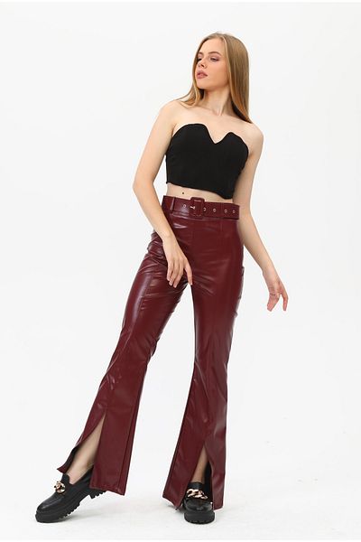 OUZ Fashion Leather Trousers with Slit Detail