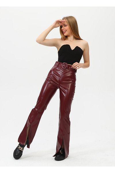 OUZ Fashion Leather Trousers with Slit Detail