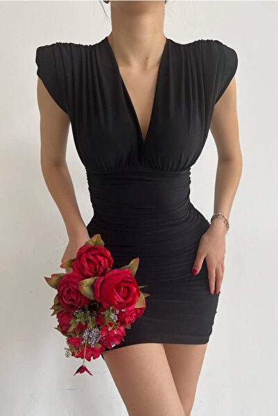 Ortaya Çık Padded Black Mini Dress with Shirred Sides