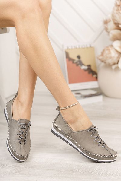 Deripabuc Genuine Leather Gray Women's Leather Ballerinas Dp16-0052