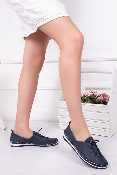 Deripabuc Genuine Leather Navy Blue Women's Leather Ballerinas Dp16-0052