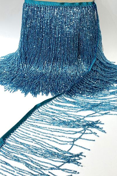 Hobigram Blue Beaded Fringe Tassel Ribbon Width 15 cm – Decorative Ribbon, Stylish Design, Women's Accessory – Decorat