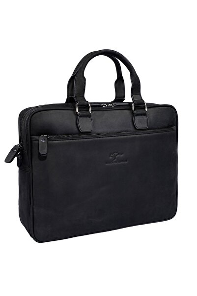 KANGAROO KINGDOM حقيبة كمبيوتر محمول ومستندات للرجال باللون الأسود من جلد البقر الأصلي Crazy Horse 7763-zs