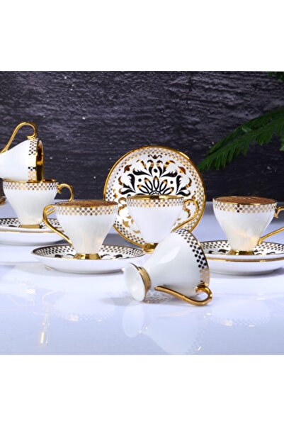 Alya Maison Set de cești de cafea cu picior din porțelan alb-auriu