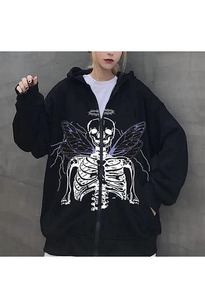 Touz Harajuku Angel Skeleton Pattern - Ζακέτα με φερμουάρ και χοντρή