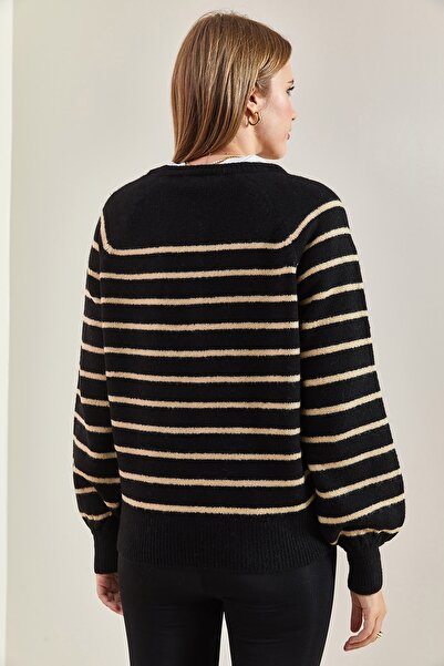 Bianco Lucci Pulover de damă, cu guler cu nasturi, tricotaj în dungi