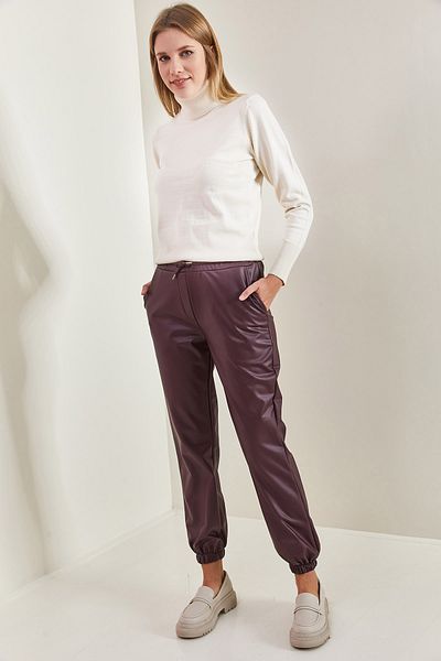 Bianco Lucci Women's Leather Trousers with Elastic Waist and Leg Legs