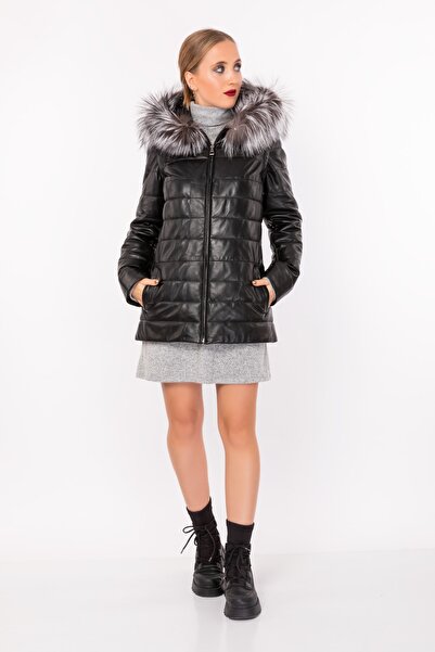 NEW VENTURE GIAN FERRE SOLID LEATHER Hakiki Deri Şişme Mont Kapüşon Siyah