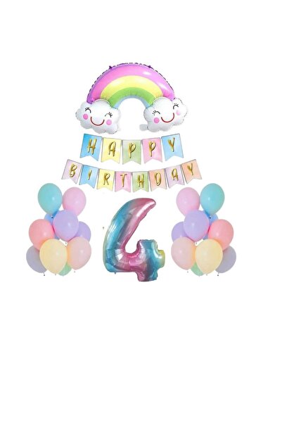 BEST PARTİ DOĞUM GÜNÜ PARTİ SÜSLERİ 4 Yaş Gülen Gökkuşağı Rakam Folyo Balon Set