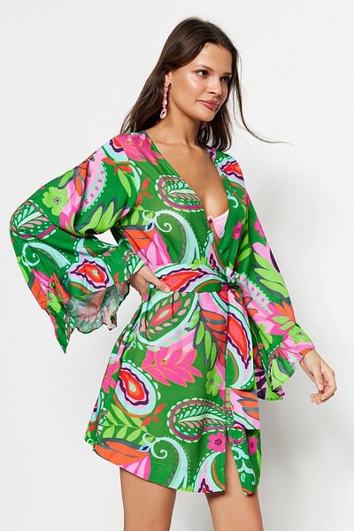 Trendyol Collection Paisley Patterned Belted Mini Woven Flounce Kimono & Kaftan TBESS21KM0002
